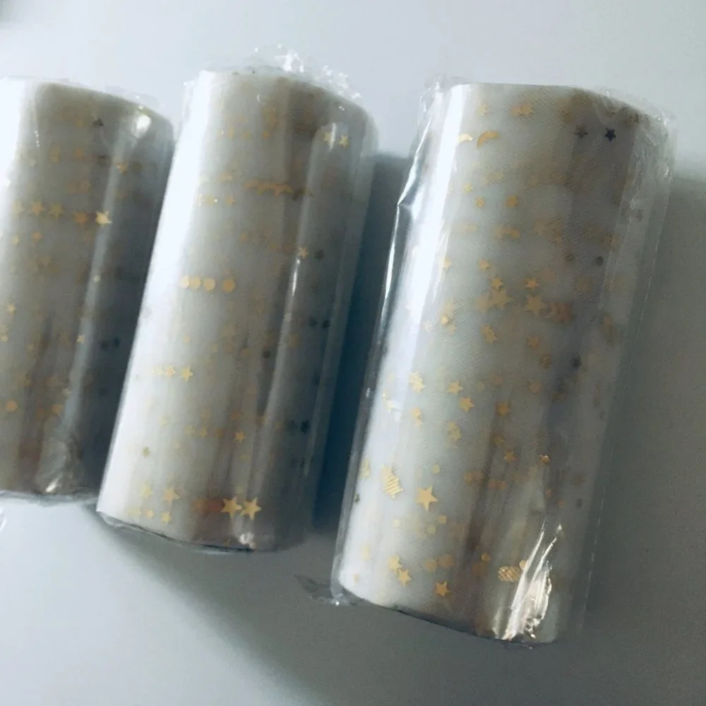 3 Rolls White Mesh Tulle Wide Ribbon with Gold Moons & Stars